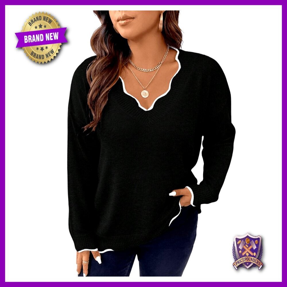 Plus Size Long Sleeve V-Neck Pullover Sweater with Scallop Trim